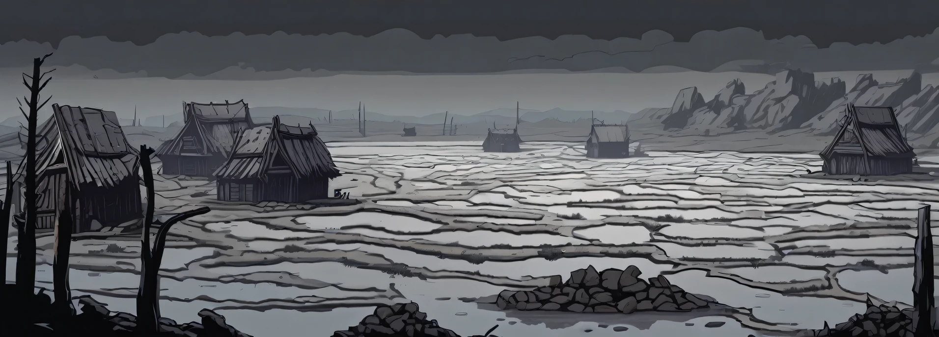 ((darkest dungeon style)), (highly detailed background), hopeless art, background, white-gray salt marsh valleys, lone salt piles, lone salt heaps, gray sky, gloomy sky, (dark lighting), many shadows, cold lights, dark art, highly detailed, extremely detailed, masterpiece