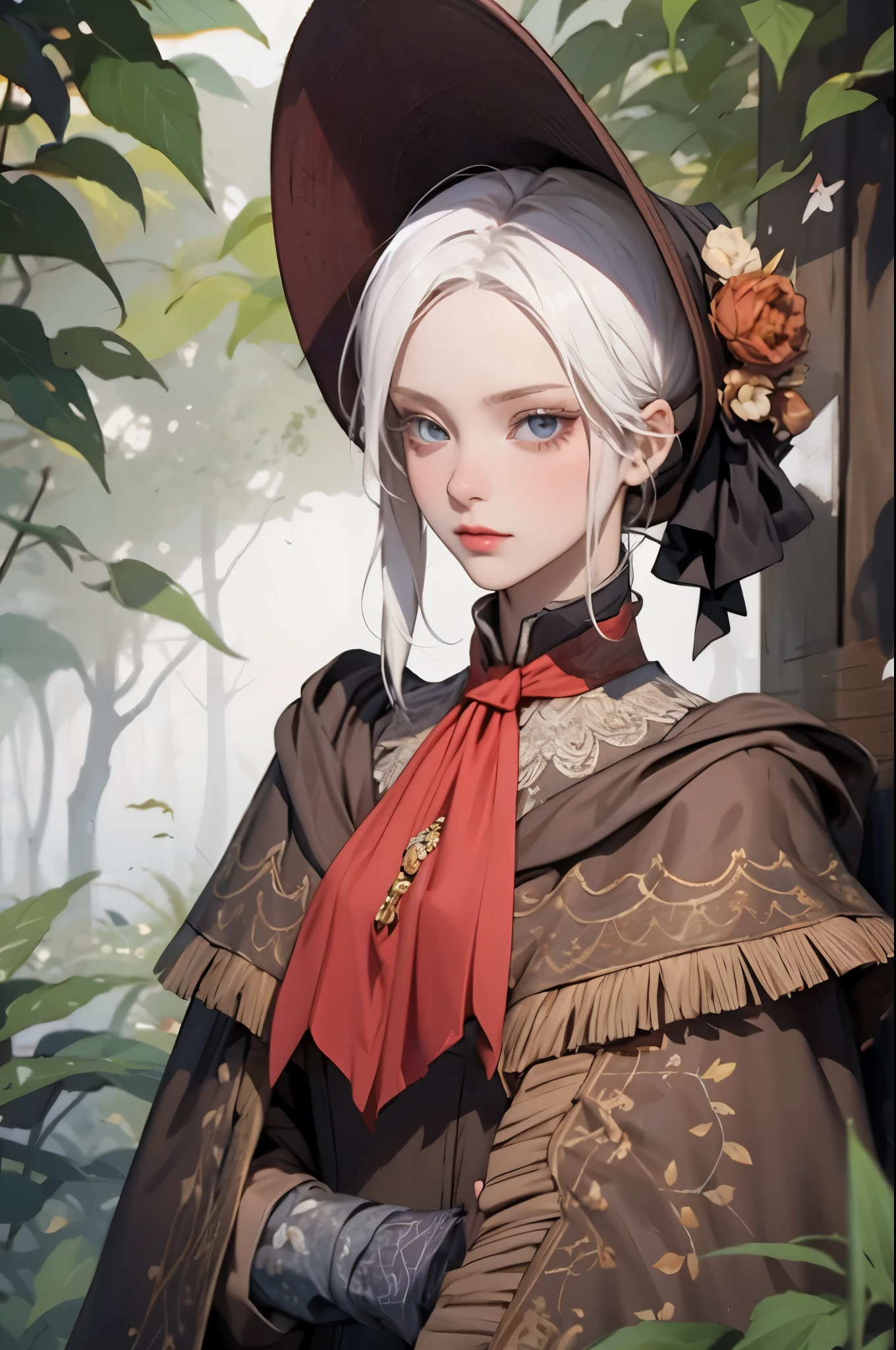 perfect eyes:1.2, detailed eyes:1.4, plaindoll, white hair, pale skin, bags under eyes, (colored eyelashes, white eyelashes:1.2), doll joints, bonnet, brown cloak, long dress, red ascot, emotionless, autumn, forest, fog, dead trees, muted color, cowboy shot, 1girl, solo, (masterpiece:1.6, best quality),
