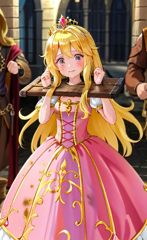 Gold Tiara　A princess in a frilly pink dress　Beautiful long blonde hair　Embarrassing　Tears overflow from my eyes　pillory　dirty　walking in the crowd　Medieval town