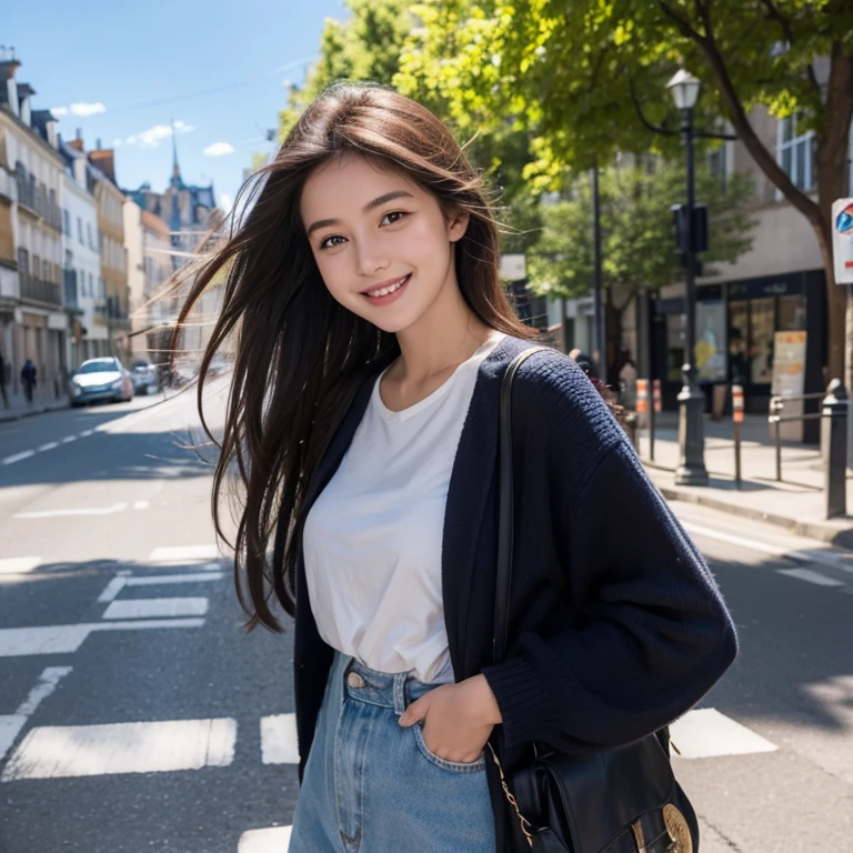 Jeune fille dans la rue, Realistic, en tenue coloré, sourire, au soleil 