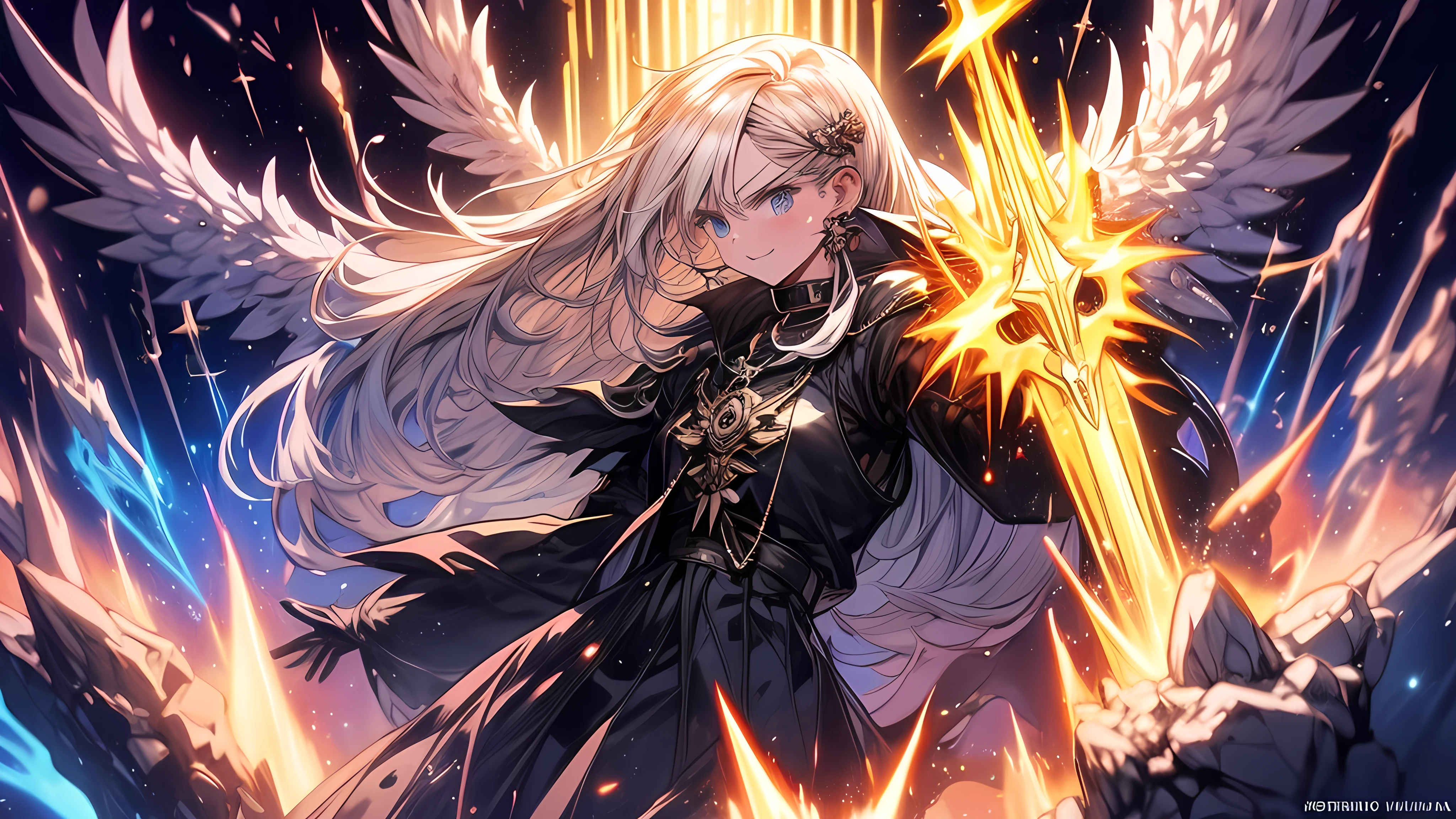 Genera una imagen que represente a dos valquirias en un enfrentamiento a muerte en el Valhalla. Una valquiria, con armadura brillante y alas extendidas, Wields a glowing sword while defiantly glaring at his opponent. La segunda valquiria, de aspecto igualmente formidable, She holds a shining spear and is surrounded by an aura of divine power. The setting is set inside Valhalla., with majestic columns and an epic sky filled with lightning and stormy clouds. The battle is intense and epic, with flashes of energy and mystical forces colliding in the midst of combat
