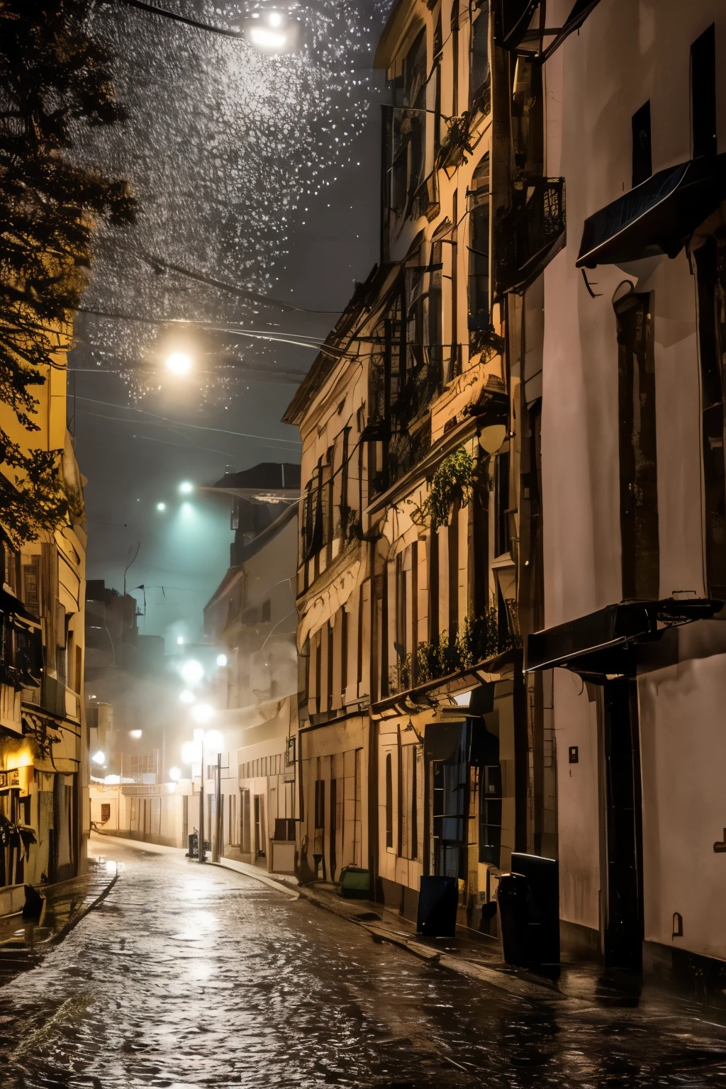 Street on a gloomy, mystical, lonely and mysterious night, ground made of wet cobblestones, light in the background against the ground towards us, with gutters running accumulated rainwater, slightly torrential rain, a man with a hooded case dazzled by the light in the distance and distancing himself in steps of escape from something that pursues him lurking,   Intricate, realistic, half-blurred image of half-jerky movements, nebulous tentacles subtly emerging at the corners of the mysterious street.