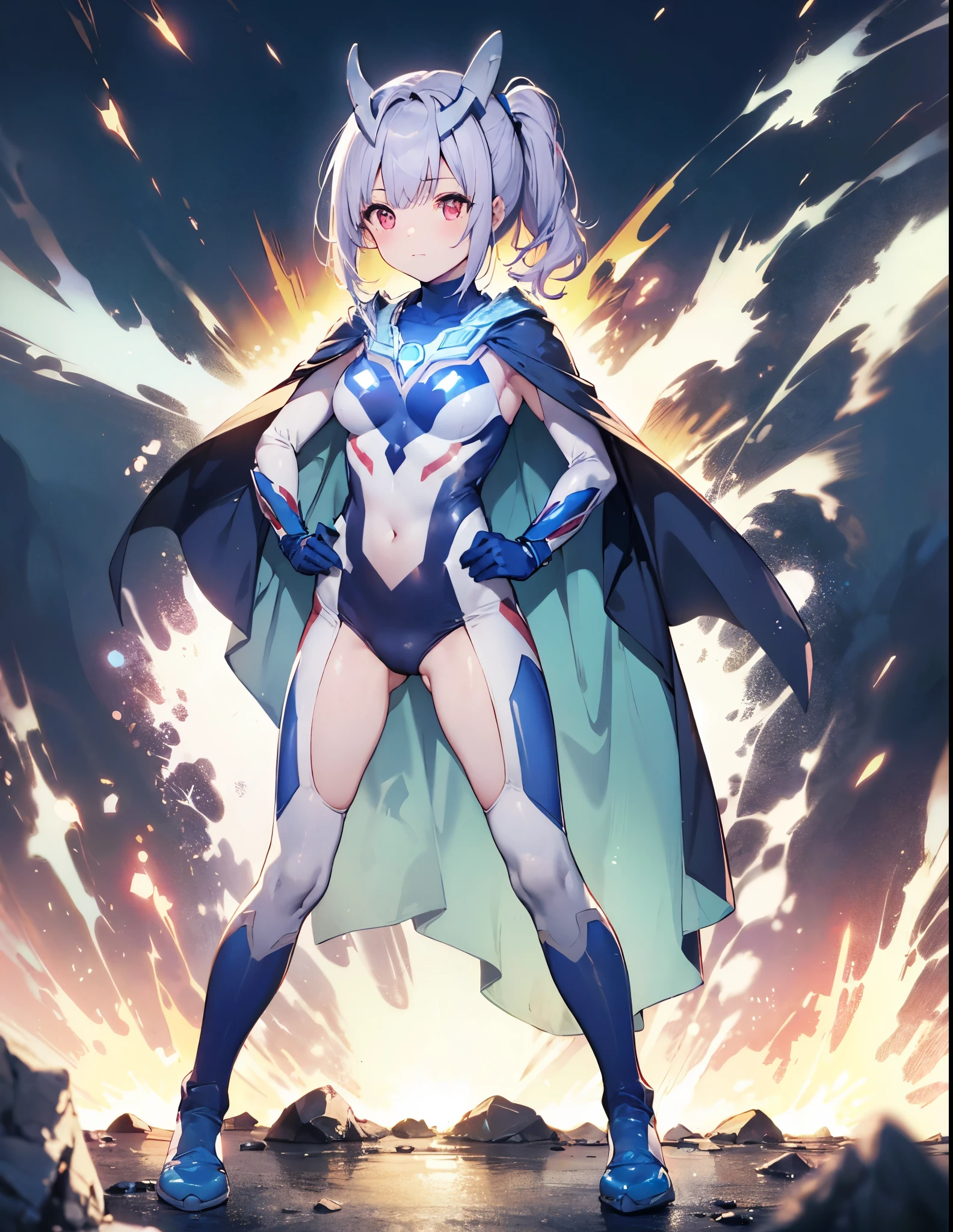 Realistic,highest quality, Ultra Detail, High-quality CG rendering, The most delicate and beautiful, Floating softly, High resolution, (1 girl), (Highest quality,4K,8K,masterpiece:1.2) ,Light purple hair,Rabbit,Bunny ears,ponytail,Red eyes,(Ultra Girl:1.0),(Bright blue Ultraman bodysuit:1.4),(Blue gloves:1.3),(Blue shoes:1.3),(Blue Cape:1.3), (Clenched Fist:1.2),(Place your hands on your hips:1.2)