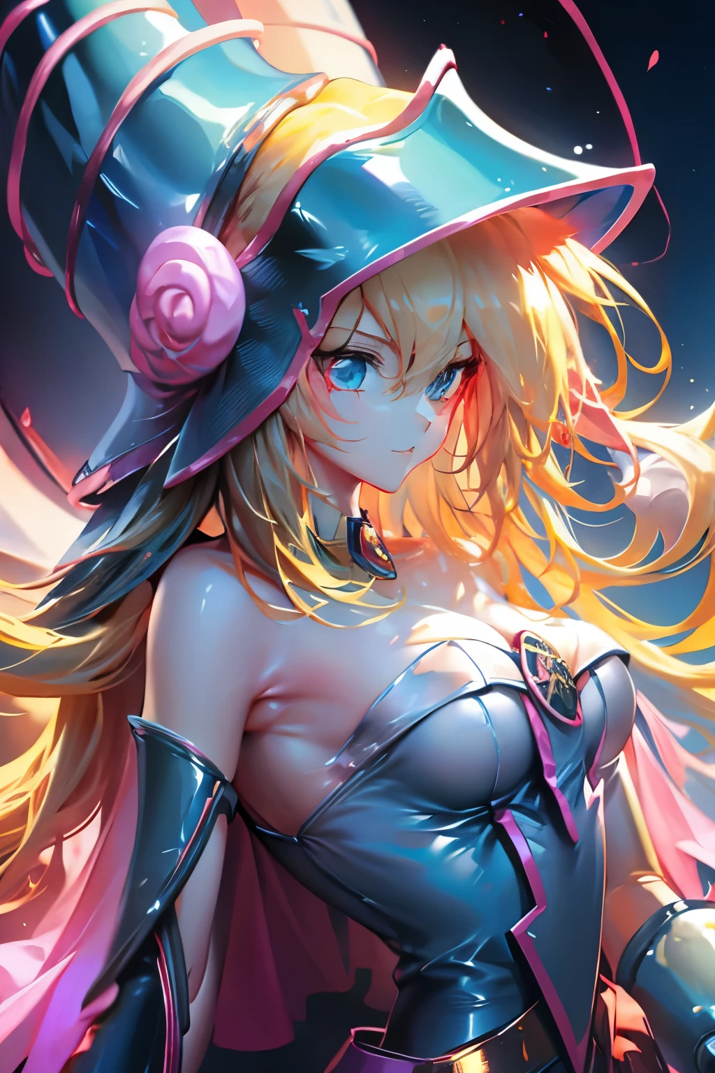 Hatsune Miku disfrazada de dark magician gils. Pose sensual y seductora. Fondo de magia