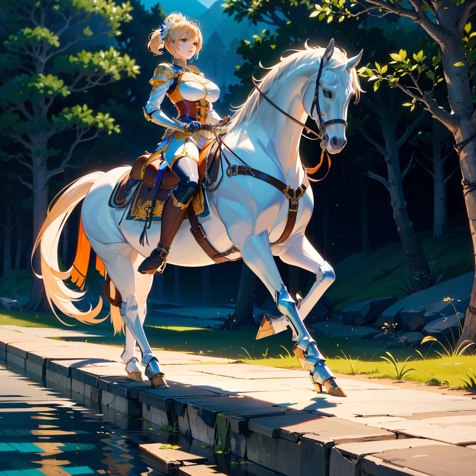 ((best quality)), ((anime masterpiece)), (detailed), cinematic lighting, vivid color, 8k, perfect face, large breast, a female knight riding a walking white horse in the woods+, (blue armor, orange shorts, leather boots), (white horse, saddle, stirups, reins: 1.5)++, forest, scenery, from side: 1.5, anatomically correct,