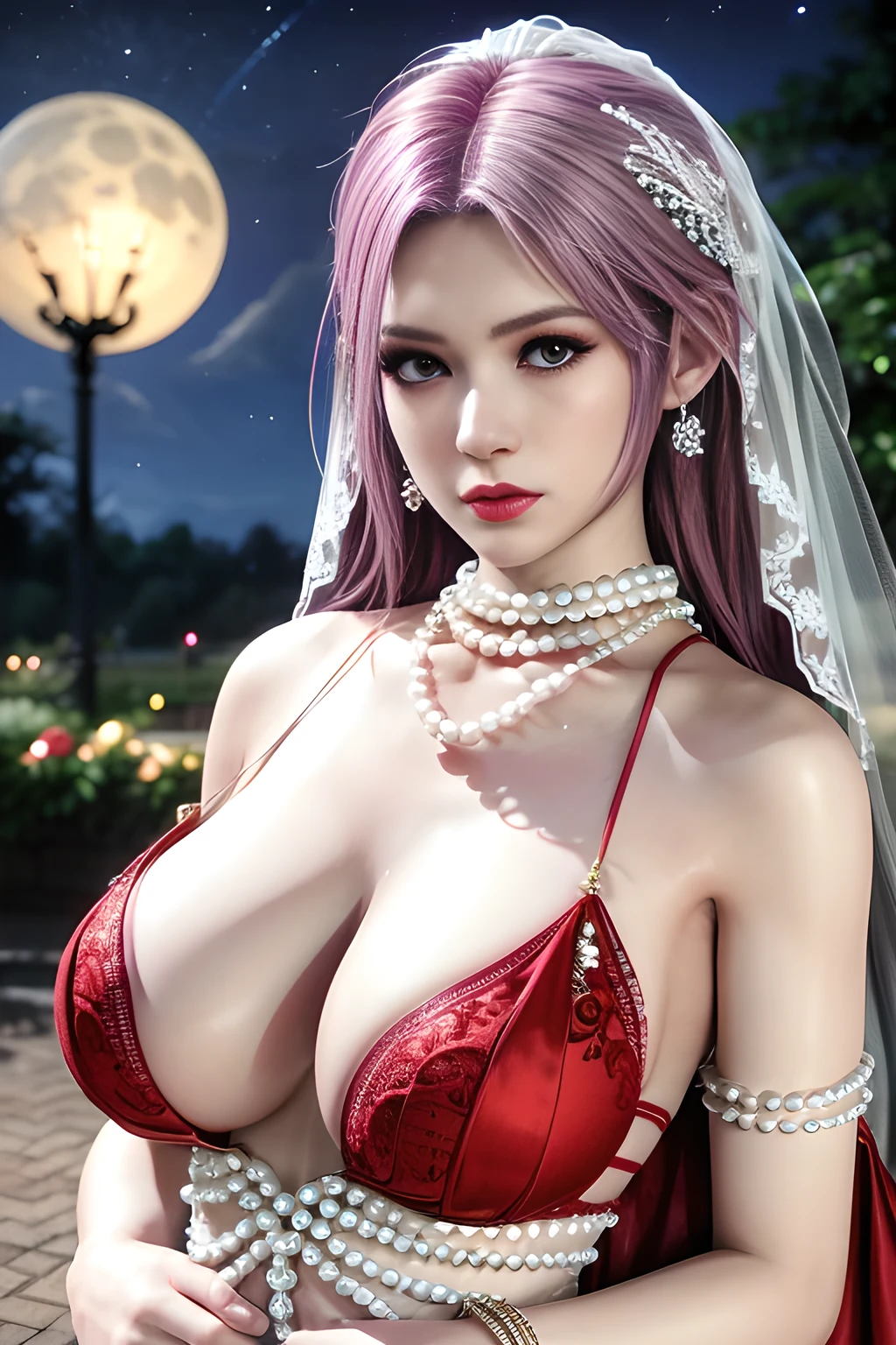 1 girl,lean over ,(Wearing Wedding Dress:1.2) ,(Wearing Jewel:1.2) ,( red lace_dress:1.3),(Fluffs ),(pearl bodychain:1.3),outdoor,elegant,nighttime,moonlighe,shiny skin,( huge breasts), lip gloss,tattoos, masterpiece, best quality, realistic ,Surrealism,natural colors art in 8k,soft shadows,Portrait art,solo,  elise,