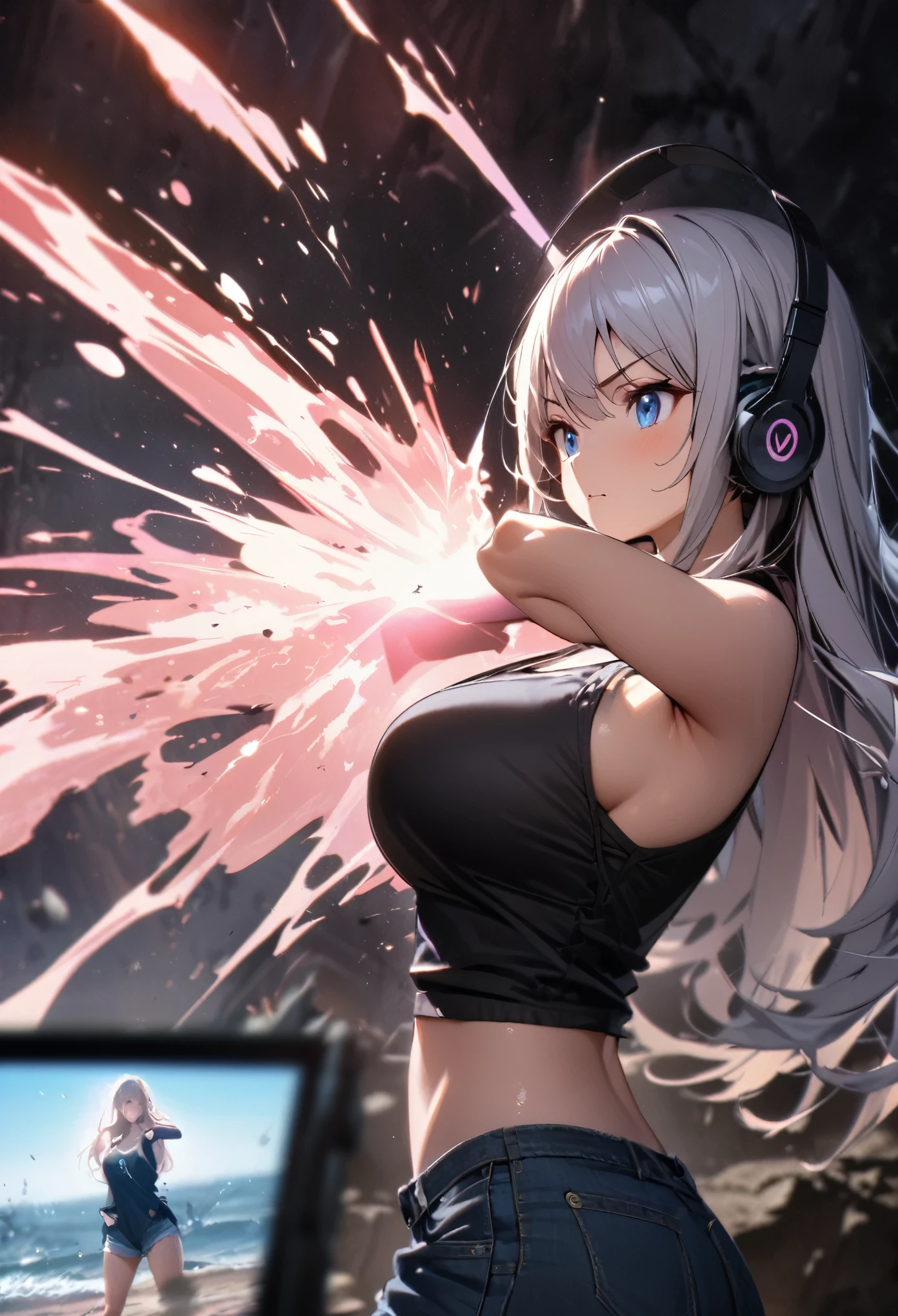 最high quality, Best image quality, masterpiece, With a girl ((Black tank top, Short denim shorts, 18-year-old, ager, cute, Best Bust, Large Breasts, Beautiful glowing blue eyes, Wide Chest, Pink semi-long hair, Slender body, Large Breastsの谷間, With sniper rifle, Headphones, glowing back jet, Combat pose, photograph, Splash, ), high quality, Beautiful art, background ((Space Battlefield)) ), depth (Earth), Tabletop, depth of field, Cinematic