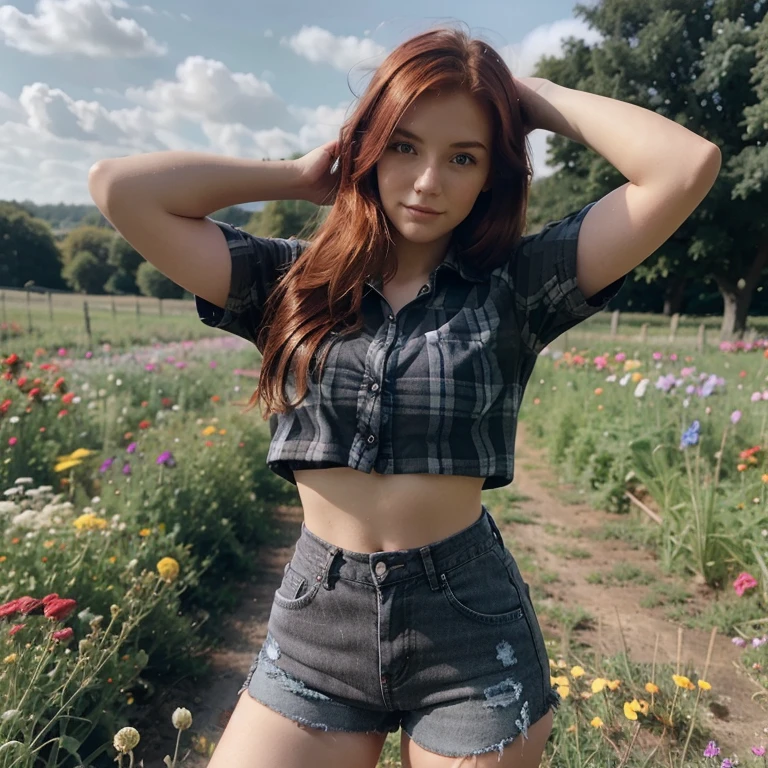 realistic, 1girl, ginger with bangs, beautiful eyes, busty, plaid shirt, skinny jeans, parted lips, blush, night, flowers, tattooed, perfect body, sexy pose
