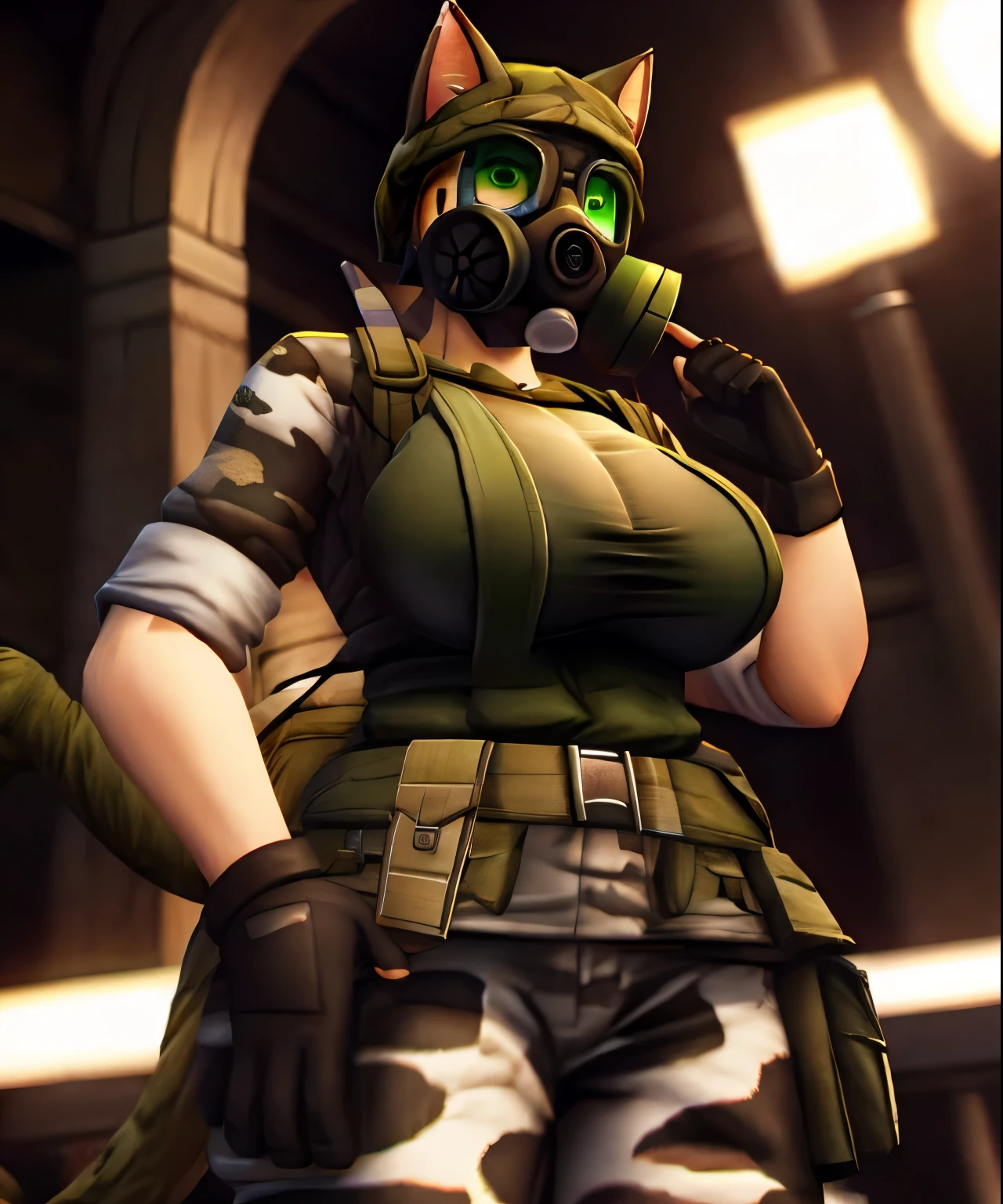 masterpiece:1.2, best quality, extremely detailed face:1.4, highly detailed eyelash:1.6, highly detailed eyes, sharp details, adrian_shephard, female focus, cat ears, cat tail, standing, (green olive t-shirt, camo long pants), gas mask, glove, helmet, huge breasts, wide hips, thick thighs, huge ass, nipple outline,