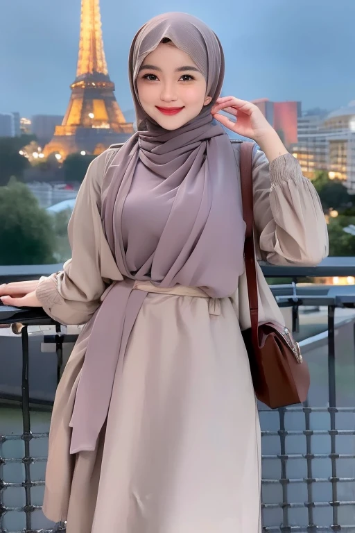 Malay girl wearing a hijab wearing a contemporary polite hijab style, patterned, while studying, wearing a backpack, polite, elegant appearance, pose facing the audience, detailed face, detailed skin texture, mole under the eye, medium covered breasts, medium hips, large waist , medium thighs, slim belly, beautiful body, cheerful smile, happy, students in the background, street, Eiffel tower paris, Standing in the Morning, Light rain ,bright, bokeh,