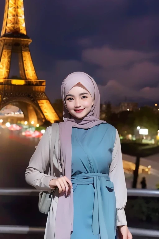 Malay girl wearing a hijab wearing a contemporary polite hijab style, patterned, while studying, wearing a backpack, polite, elegant appearance, pose facing the audience, detailed face, detailed skin texture, mole under the eye, medium covered breasts, medium hips, large waist , medium thighs, slim belly, beautiful body, cheerful smile, happy, students in the background, street, Eiffel tower paris, Standing in the Morning, Light rain ,bright, bokeh,