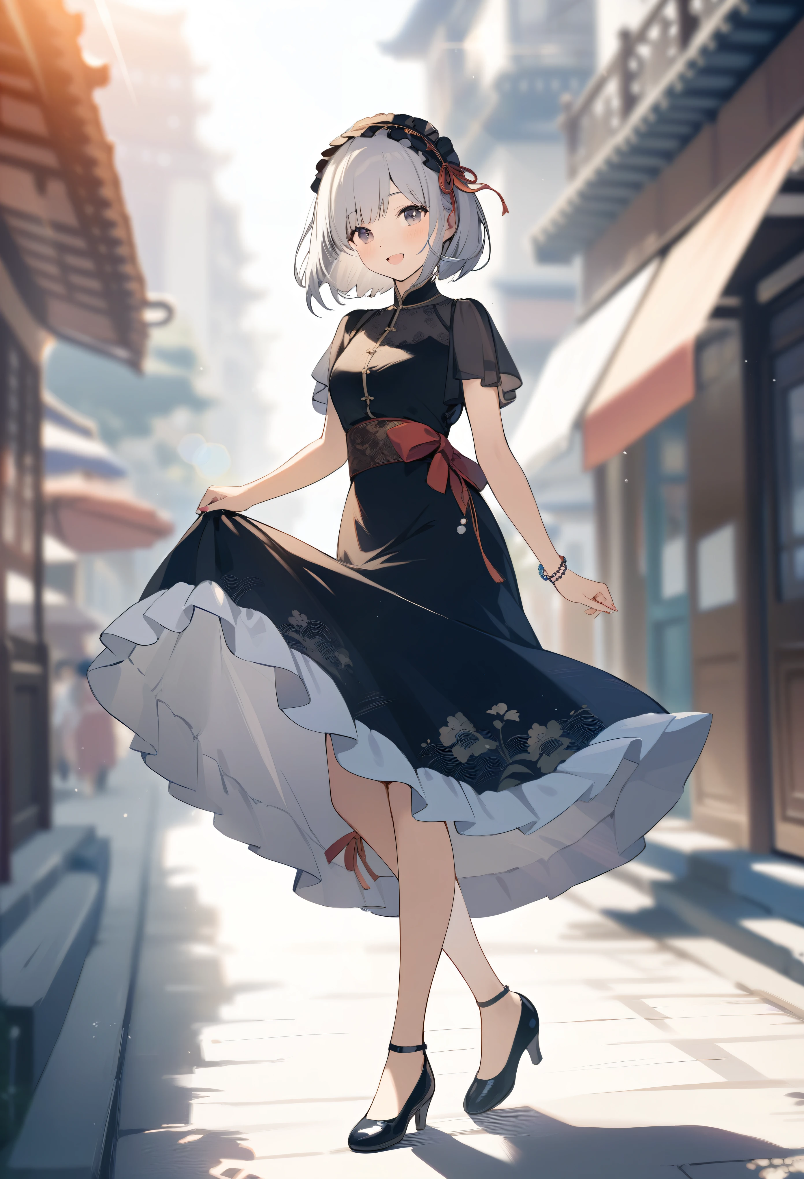 summer,cute 1girl,happy,walking in 1920's Shanghai,fashionable,Chinoiserie long Dress,black Midi Frill Petticoat,Ribbon Bijoux hairband,Jacquard Separate Pumps,lens flare,blurry,(depth of field:1.1),sunlight rays,masterpiece,best quality,