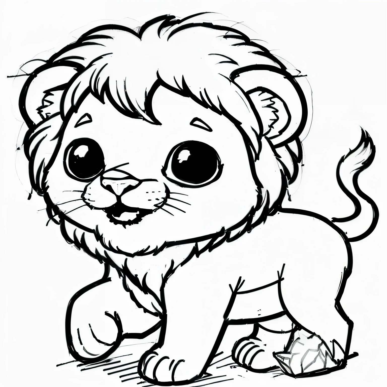 Use this lion model and place it in a setting with a butterfly, em uma floresta, with a beautiful and leafy tree, where this lion is chatting friendly with the Butterfly, there is a sun in the background with few clouds. All of this must be in the same format as the Lion, sem cores, no formato de desenho animado, desenho de arte e linha para colorir, desenho de contorno, Coloring book sketch, arte linear perfeita, lineart em negrito. Create the scenario!