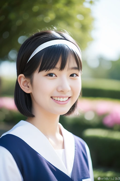 18-year-old Japan 、A beautiful park with blue sky as a background、A happy smile and an idol-like face、Short bob with a hairband、Smiling with teeth showing、Sailor suit、Tabletop, highest quality, 8k, Teen, alone,Violet, Gardenias, Delicate girl, Upper Body, Digital SLR, View your viewers, Frank, Sophisticated, Zola々right, Thin arms, Professional Lighting, Film Grain, chromatic aberration, (Eyes and facial details:1.0), (Bokeh:1.1)