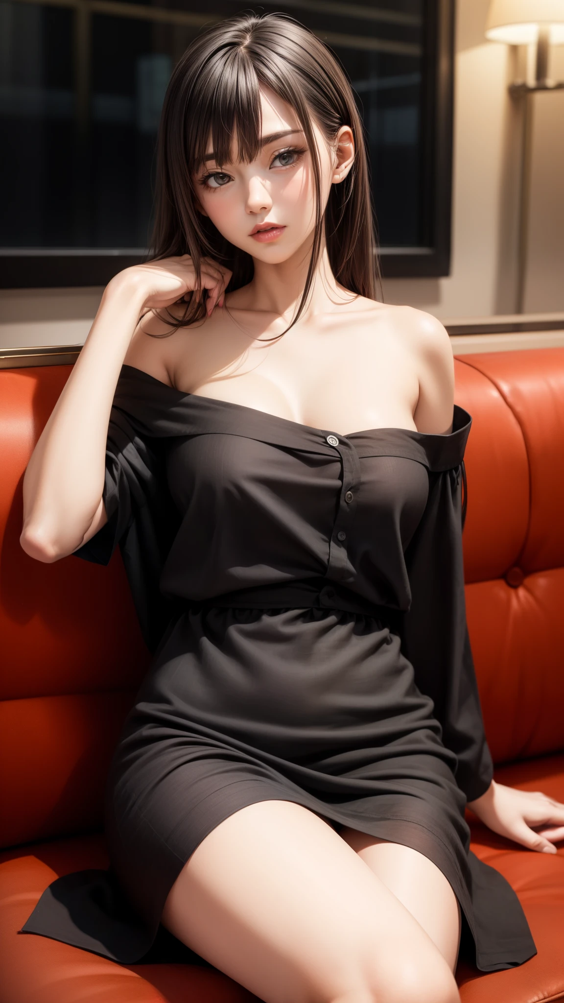 8K quality、High definition、Realistic skin texture、High definitionの瞳、Bar hostess sleeping on the sofa、A neat black linen blouse dress、slender、Model Body Type、Ripe body、Off the shoulder、The hem can be rolled up、Open your legs outward with your hands、nude crotch