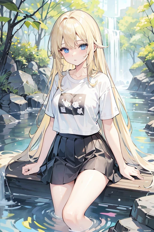 One blonde girl, Long Hair, blue eyes, forest, stream, Bathing, T-Shirts, Tight Skirt, Black underwear