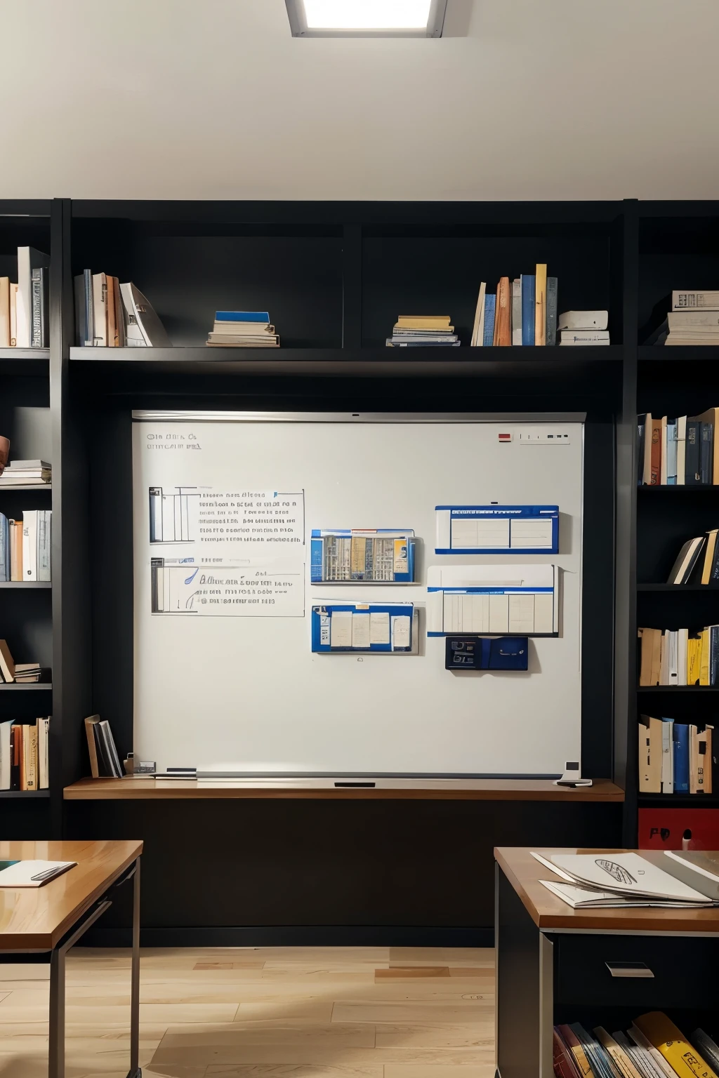 A futuristic image with books and a whiteboard filled with mathematical formulas
