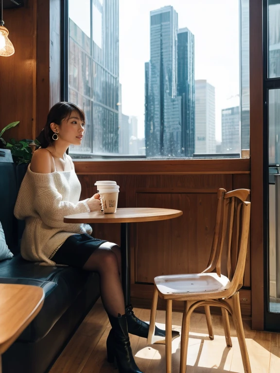 high-definition images, atmospheric perspective, 8k, super detail, accurate, best quality, angle from below, a woman, drooping eyes, sleepy face, blush, in the city, she has a plastic bag, food track, busy, skyscrapers, snowing, (white breath), (long skirt), thick tights, high boots, shoulder bag, mittens, tiny earrings, coffee shop with large windows overlooking the street, takes a seat,