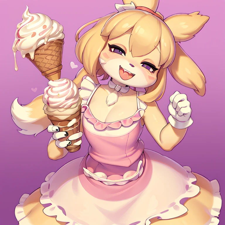 focus face , racoon aunt , round face , Brush hair with hand , (tilt face:1.5) , (half-open eyes:1.2) , moist round eyes , (Double teeth:1.2) , sensational smile , glossy lips , (open mouth wide) , (show off uvula:1.2), licking Soft serve ice cream , (melted vanilla Soft serve ice cream on face:1.2) , thin summer dress