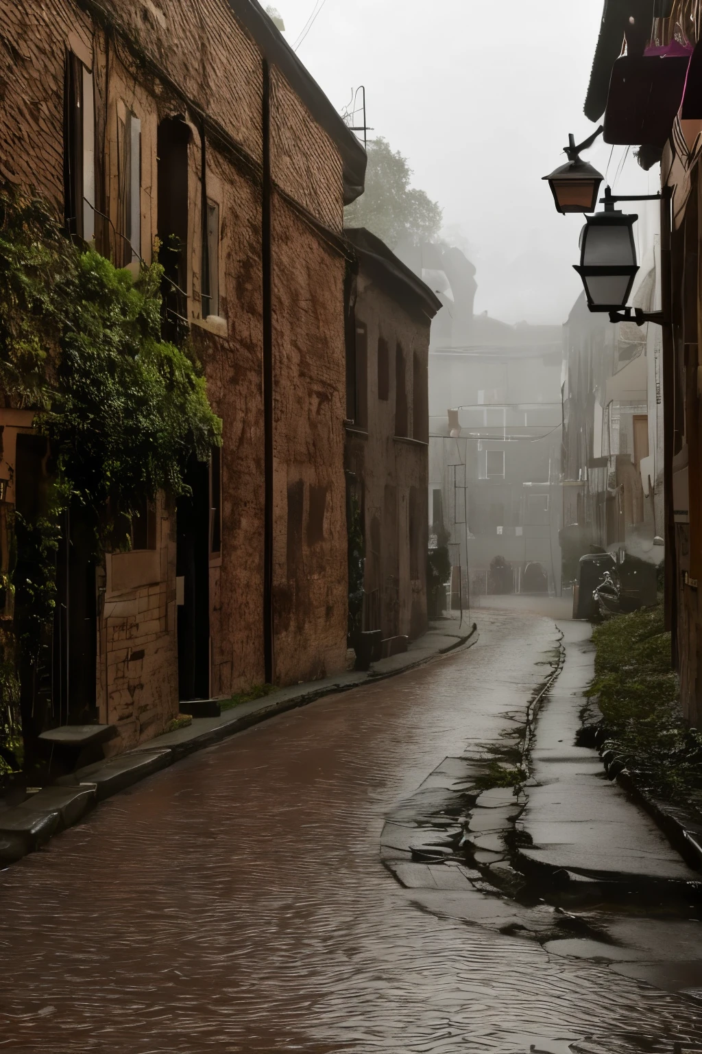 Street on a gloomy, mystical, lonely and mysterious night, ground made of wet cobblestones, light in the background against the ground towards us, with gutters running accumulated rainwater, slightly torrential rain, a man with a hooded case dazzled by the light in the distance and distancing himself in steps of escape from something that pursues him lurking,   Intricate, realistic, half-blurred image of half-jerky movements, nebulous tentacles subtly emerging at the corners of the mysterious street.