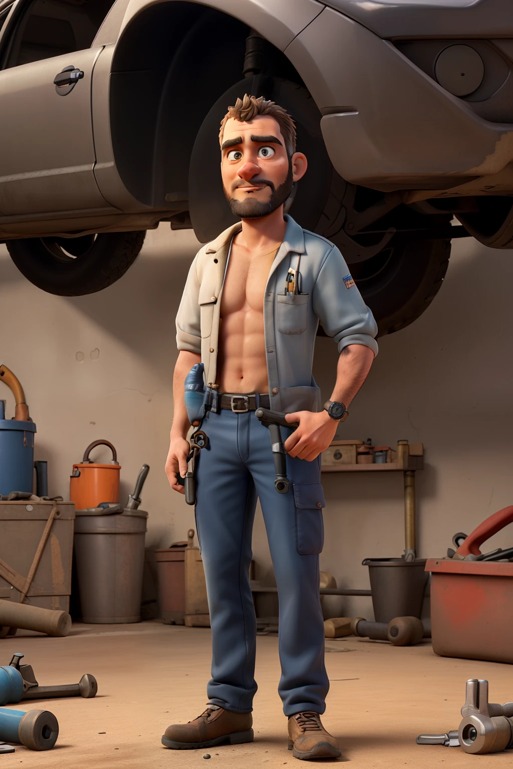 ((mechanic)), (((holding tool wrench in hand))), (just face), ((com barba bem grande))