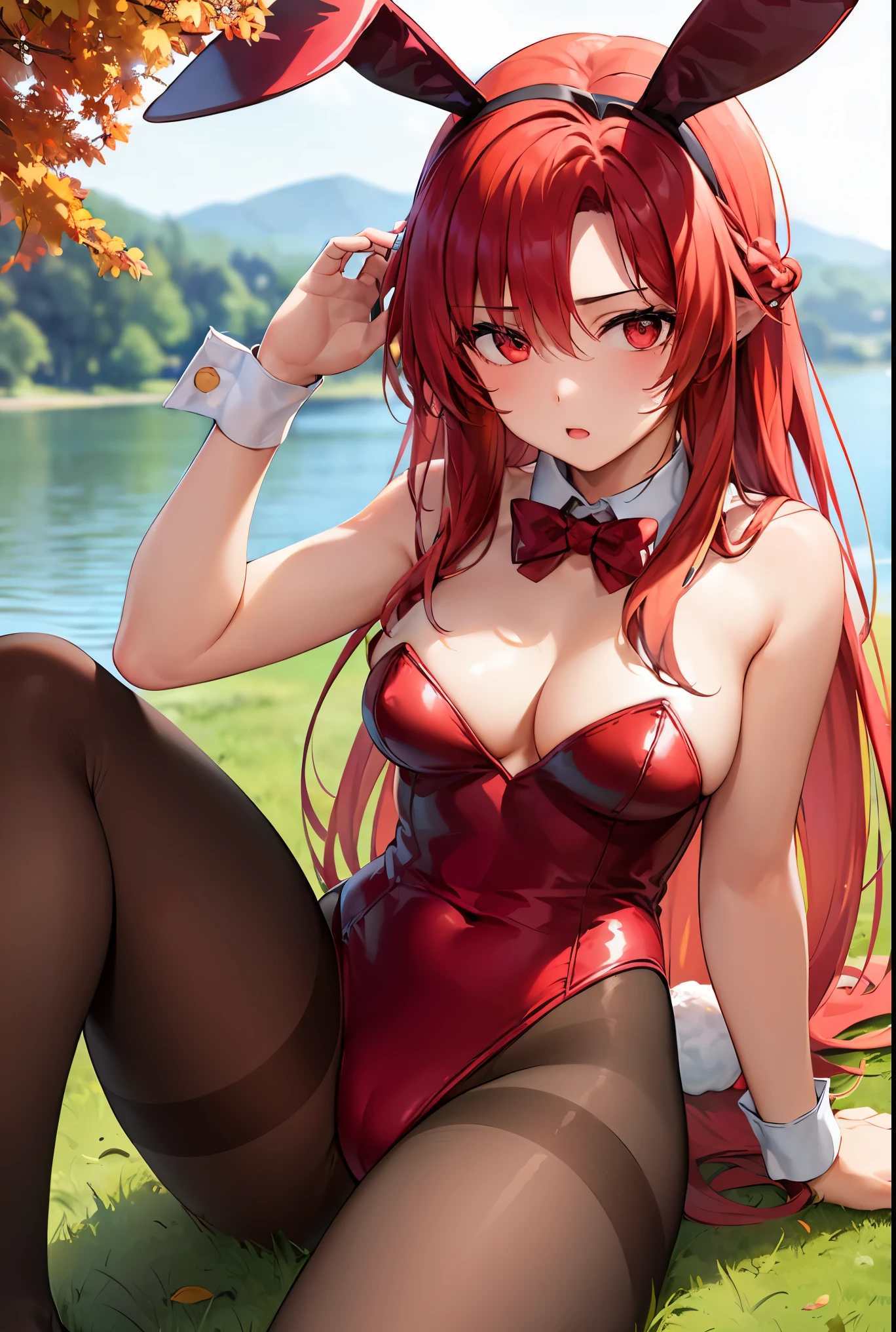 1girl, lisara restall, ((red hair:1.5)),
BREAK (animal ears, bow, bowtie, pantyhose, pink pantyhose, playboy bunny, rabbit ears, wrist cuffs:1.2), BREAK front view, thighs, thigh focus, outdoors, lake, grass, sitting on ground, sitting, nature, autumn, fall(season), by the lake, feet in lake, sexy, pond,
BREAK ((anime girl)), best quality, expressive eyes, perfect face, (masterpiece), best quality, expressive eyes, perfect face, ((best quality)), ((ultra-detailed)), ((an extremely delicate and beautiful)), perfect eyes, perfect body, ((synmetry eyes)), beautiful eyes, ((thick thighs)), shiny skin, soft skin, ((synmetry body)), ((perfect body)),