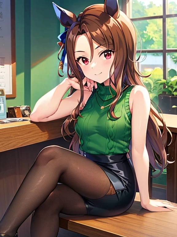 King Halo\(umamusume\), highest quality、masterpiece、Ultra-high resolution、、Anime 2D Rendering, Realistic young anime woman, Beautiful body, Beautiful thighs, Beautiful feet, White beautiful skin、 ((Green sleeveless V-neck sweater:1.4)、(Black mesh inner lining:1.4)、(black mini pencil skirt:1.4)、Black Pantyhose、(Black High Heels))、 smile、Face towards the viewer、(whole body、Sit at a desk、Crossing your legs)