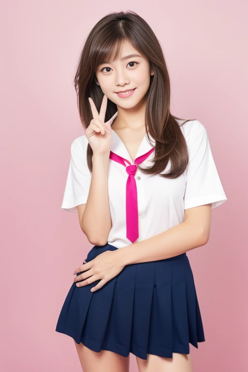 Light Pink Background、Making a peace sign、highest quality、Ultra-high resolution、Beautiful woman、cute、alone、Japanese women。Full Body Shot、Beautiful 15 year old student、high school girl、Laughter。Beautiful large breasted young female model。Bright expression、Photorealism、Extraordinarily beautiful girl、Beautiful Face、(Face to face with the children)、Glowing White Skin、Light brown straight hair、Thinning hair、Attractive beautiful brown eyes、double eyelid、、Stylish girl。Navy blue uniform skirt、The white shirt reveals the shoulders and collarbone.。Full body portrait。Healthy Face。Skin care cosmetics、Professional Lighting。
