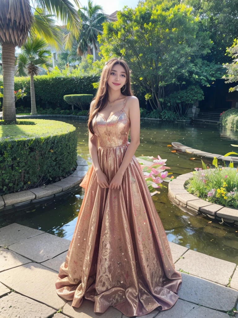 best quality, High quality, ultradetailliert, Lebendige Farben, beautiful 18 year old girl, Lively atmosphere, Culona, Beautifully seductive smiling, braune lange Haare, Pferdeschwanz, Sanduhrfigur, langes Kleid, Sanduhrfigur, seductive, Stehen im Park, Culona, runder ass, long dress