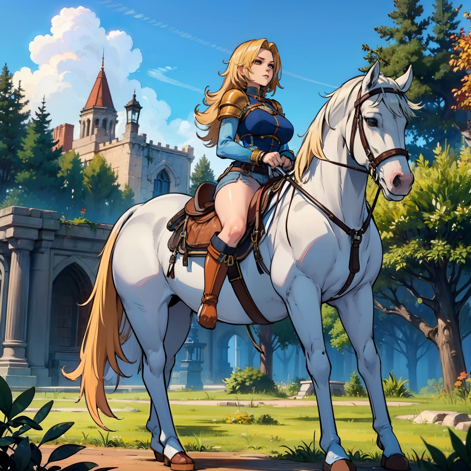 ((best quality)), ((anime masterpiece)), (detailed), cinematic lighting, vivid color, 8k, perfect face, large breast, a female knight riding a walking white horse in the woods+, (blue armor, orange shorts, leather boots), (white horse, saddle, stirups, reins: 1.5)++, forest, scenery, from side: 1.5, anatomically correct,