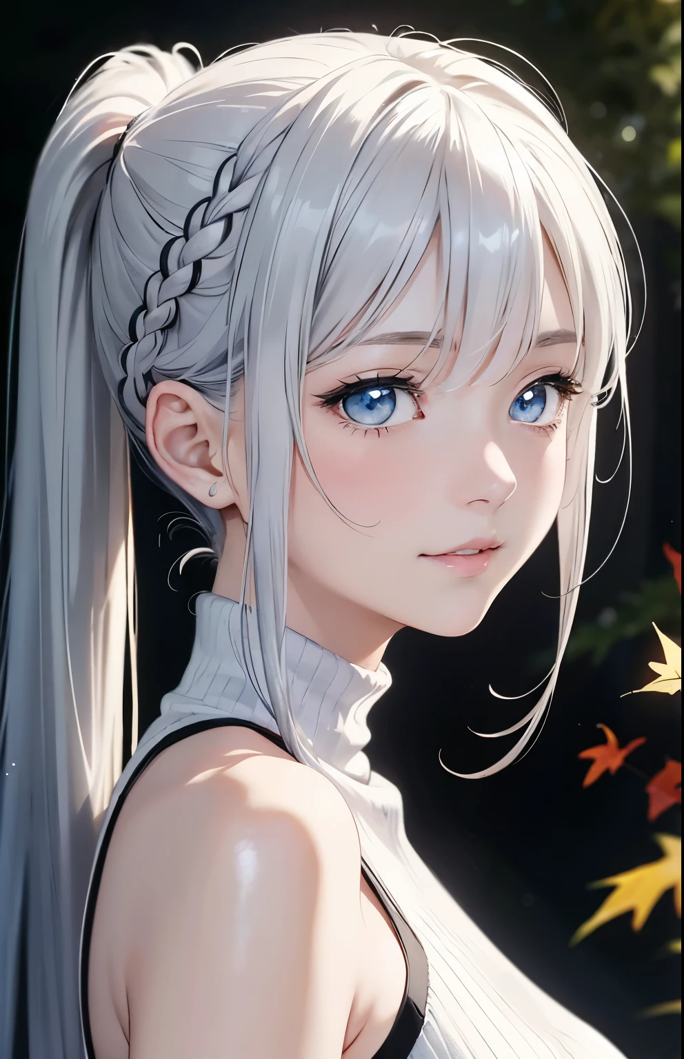masterpiece、highest quality、High resolution、high quality images、8K, 1 female、skin luster、Texture of skin and clothing、Expression of fine eyes、Shiny silver hair,Girl with long braided hair, Manga inspired by Lee Jong-suk, trending on deviantart, realism, detailed manga style, manga art style, perfect line drawing, beautiful line drawing, digital manga art girl, K-POPアイドル, beautiful light blue eyes, plump lips, detailed gorgeous face, (cute smile), charm, innocent, Side view, (perfectly detailed face), (fine hands) photorealistic images, Depth of written boundary, Silver ponytail hairstyle, Light beige turtleneck sleeveless knit、denim mini skirt autumn leaves , autumn leaves ，Beautiful autumn leaves，romanticism,