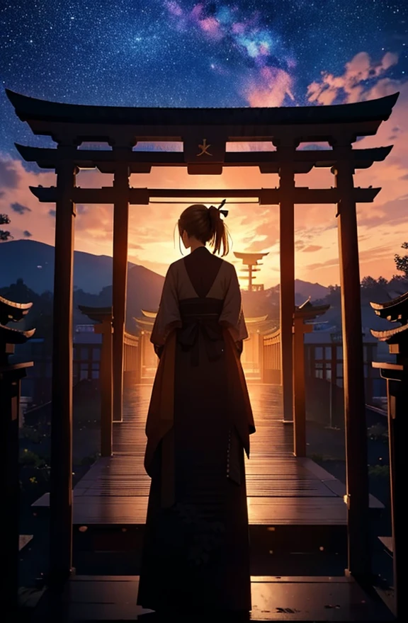 1people々々々々々々,Blonde long-haired woman,Dress Silhouette, Rear View,Space Sky, Countless rows of torii gates,