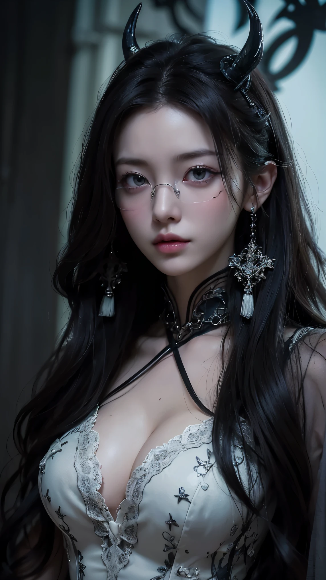 (Highest quality,4K,8K,High resolution,masterpiece:1.2),Very detailed,(Realistic,photoRealistic,photo-Realistic:1.37), Close-up of a woman with dark hair and wearing a black dress, Dark Eyes,an ominous笑顔,((((Glasses))))、((((big sapphire necklace))))、Evil Aura,Burning Flames,Soul Corruption,Dark Shadows,an ominous雰囲気,Strange symbols,Cursed Land,Eternal Darkness,Unforgettable are present,Intimidating person,Grotesque features,Horror Scene,twisted reality,Scary atmosphere,A wonderful work of art,Evil Unleashed,Supernatural horror,Spooky art,nightmare fuel,Terrifyingly clear,Abstract fear,Terrifyingly beautiful,masterpiece,Fear incarnate,Shadow Chaos,are present,to be born々Shii Darkness,in style of Dark Fantasy Art, Dark Fantasy Art, Beautiful and elegant queen of darkness, Dark Fantasy Art, Fantasy Dark Art, Dark fantasy digital art, Gothic fantasy art, Gothic Dark Maiden, Detailed Texture,Spooky creatures,an ominous雰囲気,Mythical,Space horror,darkness,mysterious,Dark aesthetic,Fog Background,Eyes of another world,Ancient Gods々々々々々, Powerful wizard, mysteriousStanding in the woods. A loose robe decorated with symbols, Arms stretched out, Powerful,Tentacles,Pitch black blackness,Majestic,Unfathomable depth,nightmare,The are present of the universe,an ominousare present,seeping darknesss,Secrets of the Universe, (Spooky atmosphere), (((Dramatic Shadows), (Dynamic pose), ((Artistically expressed)), ((charm), (Gothic), (mysterious Setting), (Moody color palette), (Skillfully drawn), (sense of unease), (Intricate details), (an ominous smile), (an ominous), (charm eyes), (Horror elements), (charm composition), (Impressive anatomy),(Striking contrast))), (Interesting character designs)、Dark Fantasy Portrait, Portrait of the Dark Goddess,