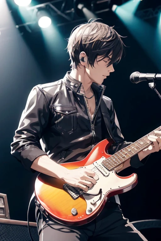 Man playing a synthesizer rock band on stage Solo Stage 30Male