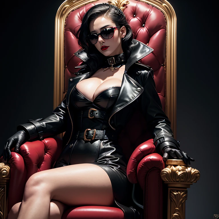 Pretty Luxury elegant evil girl dressed open trench coat with super high up collar, (((high collar))) sunglasses, gloves, long boots, red lips, dominatrix, cruel, sadistic, discipline, dominance, sadism, masochism, female supremacy , wearing sunglasses, sit on throne (queen throne),  (dark and light:1.2) modern, perfect body, safe for work