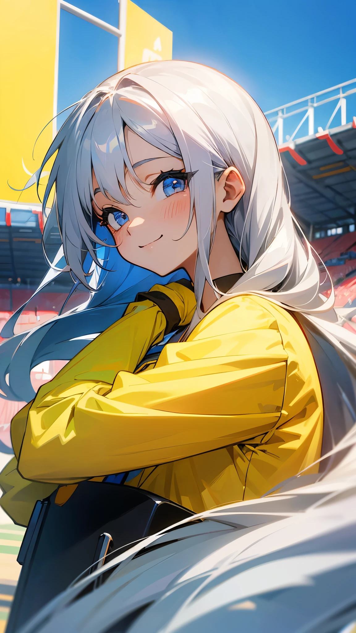 1 girl、anime painting、Silver Hair、Long Hair、Beautiful blue eyes、Vibrant colors、Yellow Shirt、smile、From the side、Upper body close-up、Stadium stand background