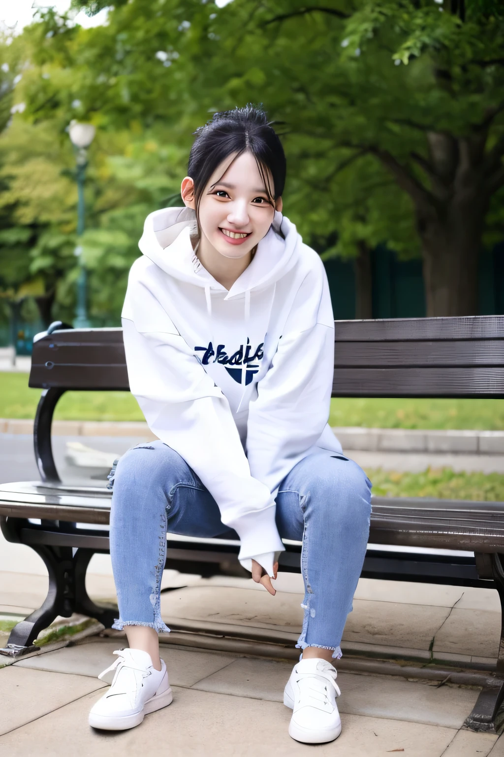 masterpiece, highest quality, High resolution, A neat and beautiful woman sitting on a park bench、black hair、hoodie、skinny denim、sneakers、refreshing smile、toothy smile、full body photo