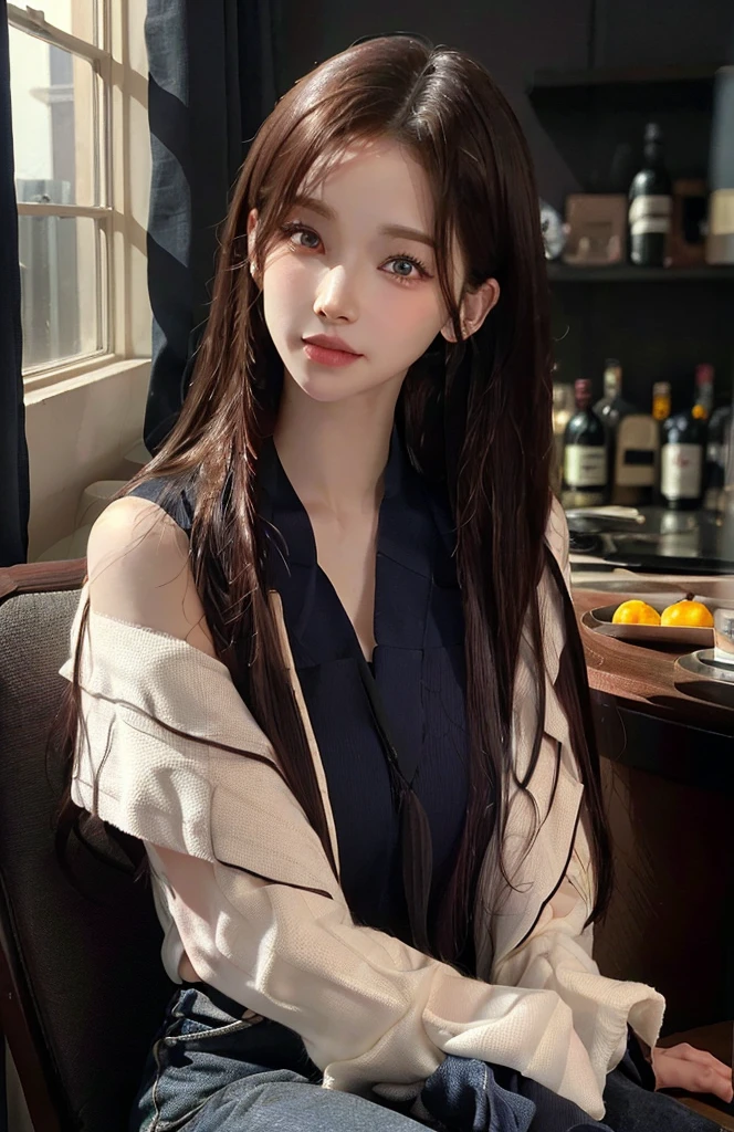 (Ultra Real), (illustration), (high resolution), (8K), (very detailed), (Best illustration), (beautiful and delicate eyes), (best quality), (very detailed), (masterpiece), (wallpaper), (detailed face), alone, one girl, whole body, viewer looking at, fine details, detailed face, Dark Bar Counter, in the dark, deep shadows, low key, pure face_V1, laugh, long hair, dark blonde shawl straight hair, forehead, sit on a chair, beautiful teeth, blushing cheeks, alcohol,