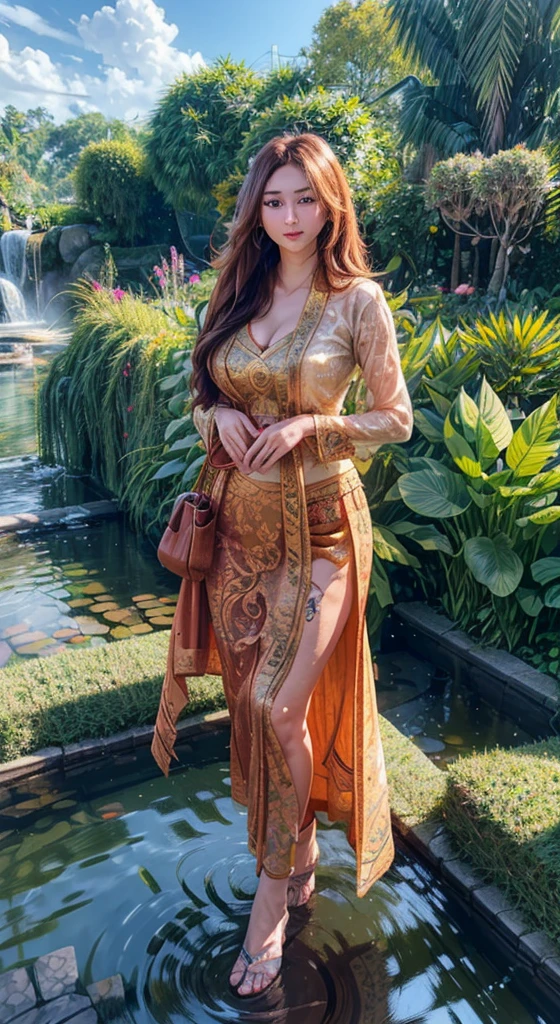 1 Indonesian-Dutch girl, 25 years old, long fashion hair, fit body, small cleavage, skintight black lace kebaya, batik skirt, highly detailed, ultra hd, 8k, detailed face, bright eyes, perfect eyes, detailed lips, sexy lips, perfect hands, dynamic angle, cowboy shot, (hyperrealistic), (illustration), (high resolution), (8K), (extremely detailed), (best illustration), (beautiful detailed eyes), (best quality), (ultra-detailed), (masterpiece), (photorealistic), (natural light), (detailed face), (high detailed realistic skin texture), (anatomically correct), (solo), (high detailed realistic hair), (caramel hair), (heterochromic eyes), (detailed eyes), (brown eyes), (realistic big breasts), (slender abs), (dynamic pose), (closed tiny mouth), (concentrated expression), (dimple), (a girl playing in the garden), (wet clothes), (transparent clothes)