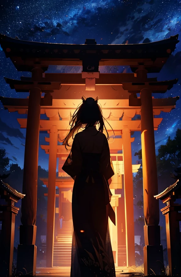 １people々々々々々々々,Blonde long-haired woman，Dress Silhouette， Rear View，Space Sky, Countless torii gates lined up，