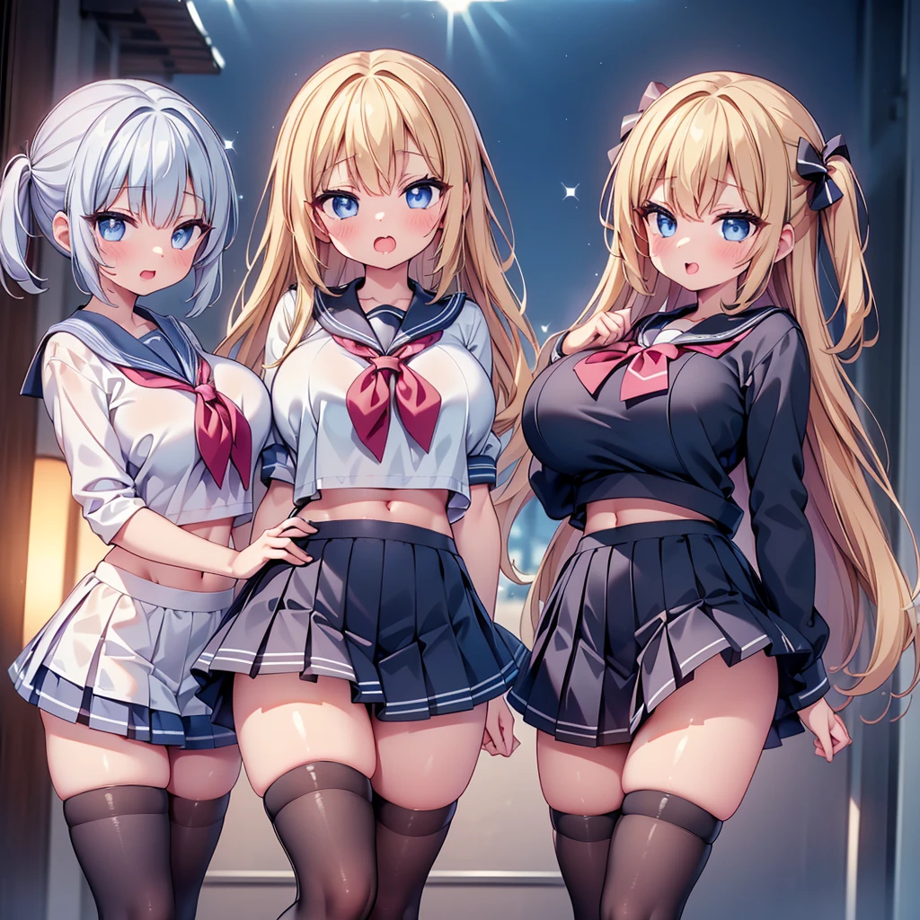 (cute eyes:1.2), (sparkling eyes:1.2), highest quality,wonderful,finely,extremely detailed CG Unity 8K wallpaper, (Stand in line:1.2), (3 girls, sailor uniform, clothed), (skinny body:1.3), (huge breasts), (open mouth:1.1), (long tongue:1.1), (mouth drool:1.1), (Black knee socks:1.1),(Thighs:1.3),(Waistline:1.2),(midriff peek:1.2)