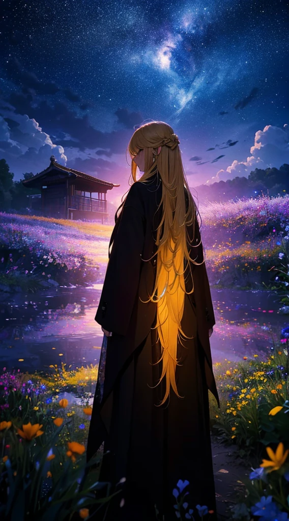 １people々々々々々々々,Blonde long-haired woman，Long coat， Dress Silhouette， Rear View，Space Sky, Flower Field，Colorful flowers