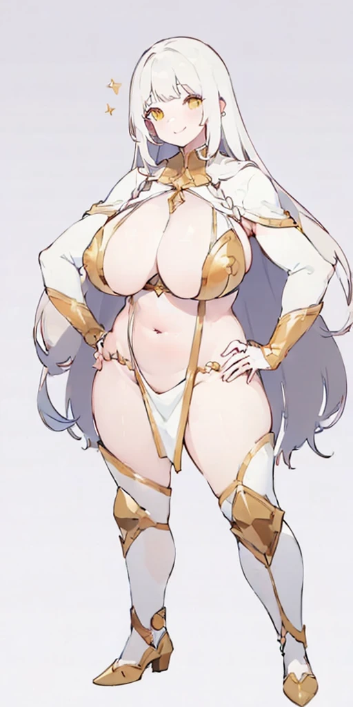 (((Plain background 1:2))) (masterpiece, high quality: 1.1) 1girl full body standing, hairstyle with a braid, white colored hair, yellow eyes, perfect lighting, muscular, thighs, mature woman, mummy, bellybutton, abs, looks at the viewer smile RED CHEEKS, extremely huge breasts, maternal, porcelain skin, extra very long hair, sparkly skin, good face, chest cover, HANDS ON HIPS