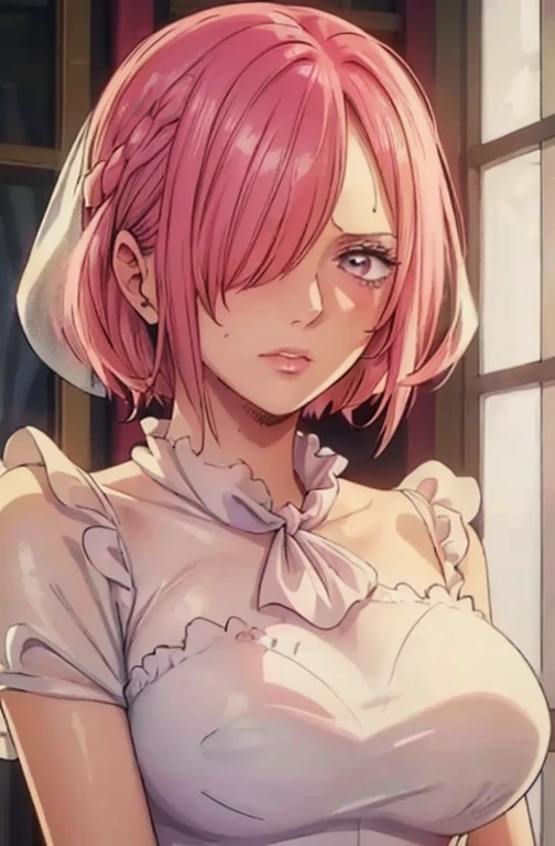 (((masterpiece))), (((best quality))), ((ultra-detailed)), (highly detailed CG illustration), vinsmoke reiju, , (masterpiece:1.5), Detailed Photo, Sexy, (Best Quality: 1.4), (1girl), Beautiful Face, (Pink Hair, short Hair: 1.3), Beautiful Hairstyle, beautiful detail eyes, (realistic skin), beautiful skin, absurd, attractive, ultra high resolution, high definition, (sexually aroused:1.5), Pinkish white skin, cool white light, sexy pose, Beautiful , white background, pink soft white light, Wear a white dress, (Hair covering right eye:1.5), 