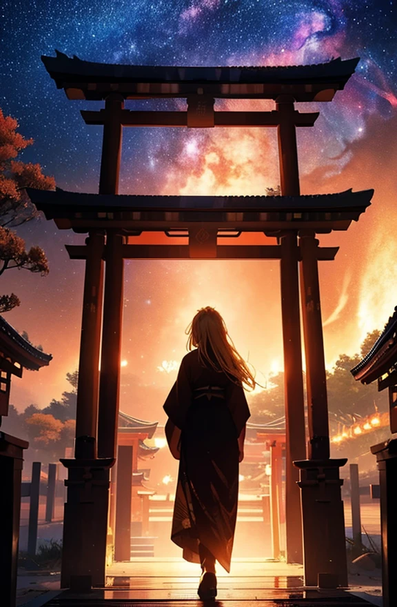 １people々々々々々々々,Blonde long-haired woman，Dress Silhouette， Rear View，Space Sky, Countless torii gates lined up，shrine，temples，