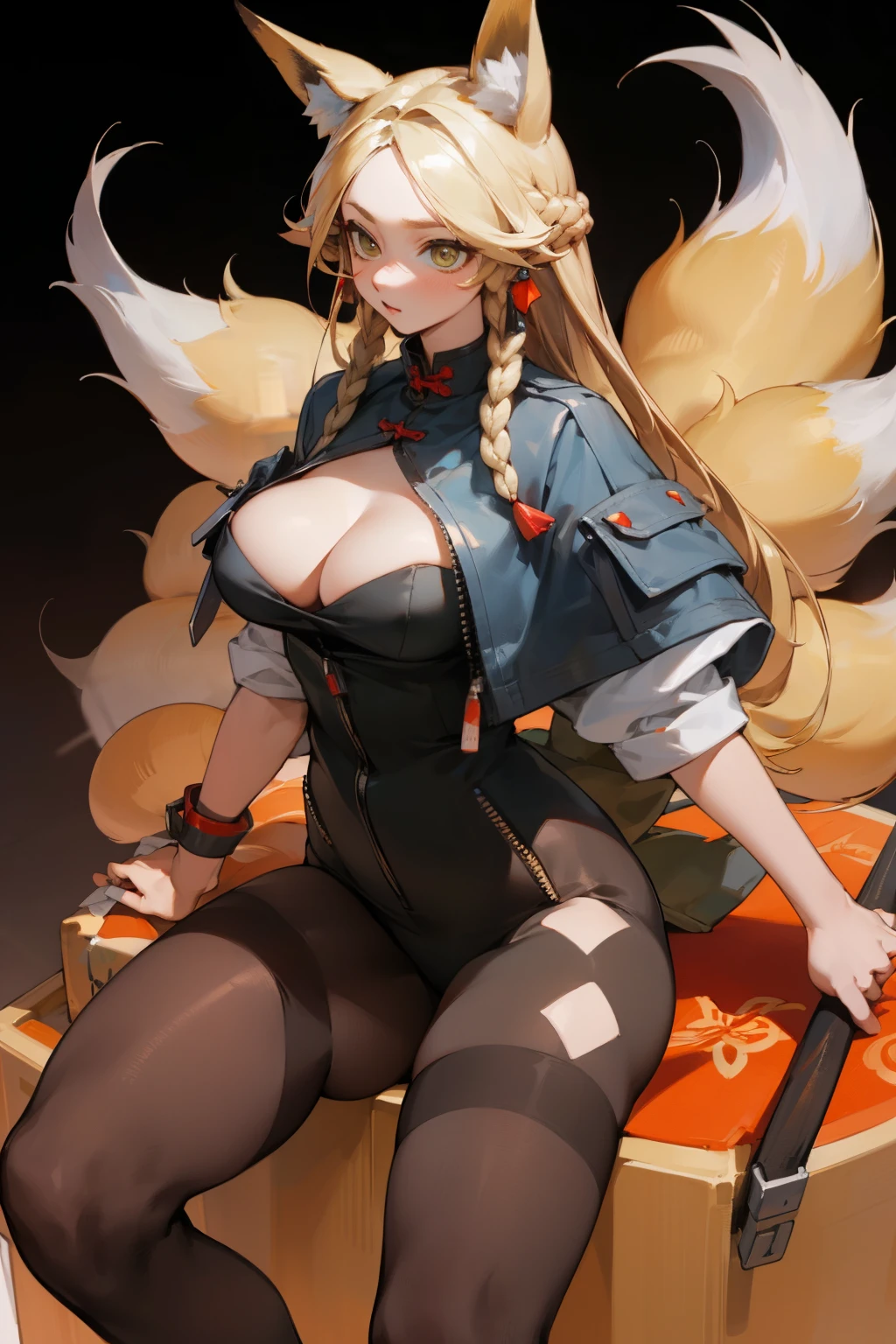 (masterpiece, best quality) detailed, Wearing black tights, silver accessories , The zipper is not closed , Blonde ,elegant, (Fox ears)，Red Eyeshadow, ，Chinese element pattern，thigh，漏出thigh，Large Breasts