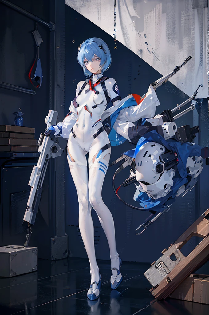 (俯瞰figure),Dynamic Angle,Very detailed, figure, close, Straight, One girl, 
 ((Rei Ayanami, Interface Headset, White bodysuit:1.4, Blue Hair)),Her eyes shone like dream-like stars,(Glowing Eyes:1.233),(Beautiful and detailed:1.1),(Expressionless,Mouth closed),(Are standing), 
(In a white spaceship、Mechanic room with tools and spaceship window),
(night:1.2),dream-like, [[Delicate fingers and hands:0.55]::0.85],(Finger details),