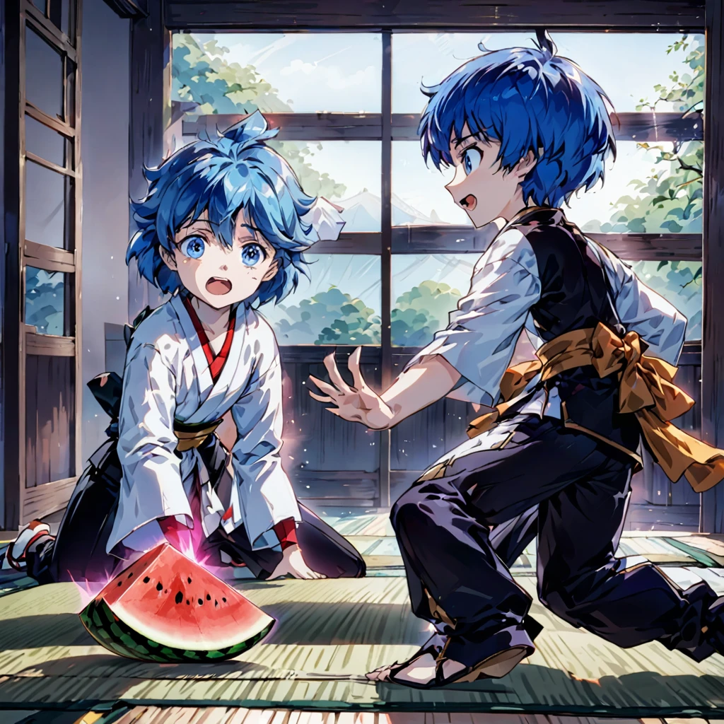 In the style of the anime RWBY, create four images featuring 15-year-old twin siblings, a boy and a girl with blue hair radiating energy, practicing capoeira on a tatami mat in a traditional Japanese room. Their mother is watching them from outside the mat while enjoying slices of watermelon, with a focus on precise rendering of details. The images should capture the dynamic motion as if they were frames from a fight scene.