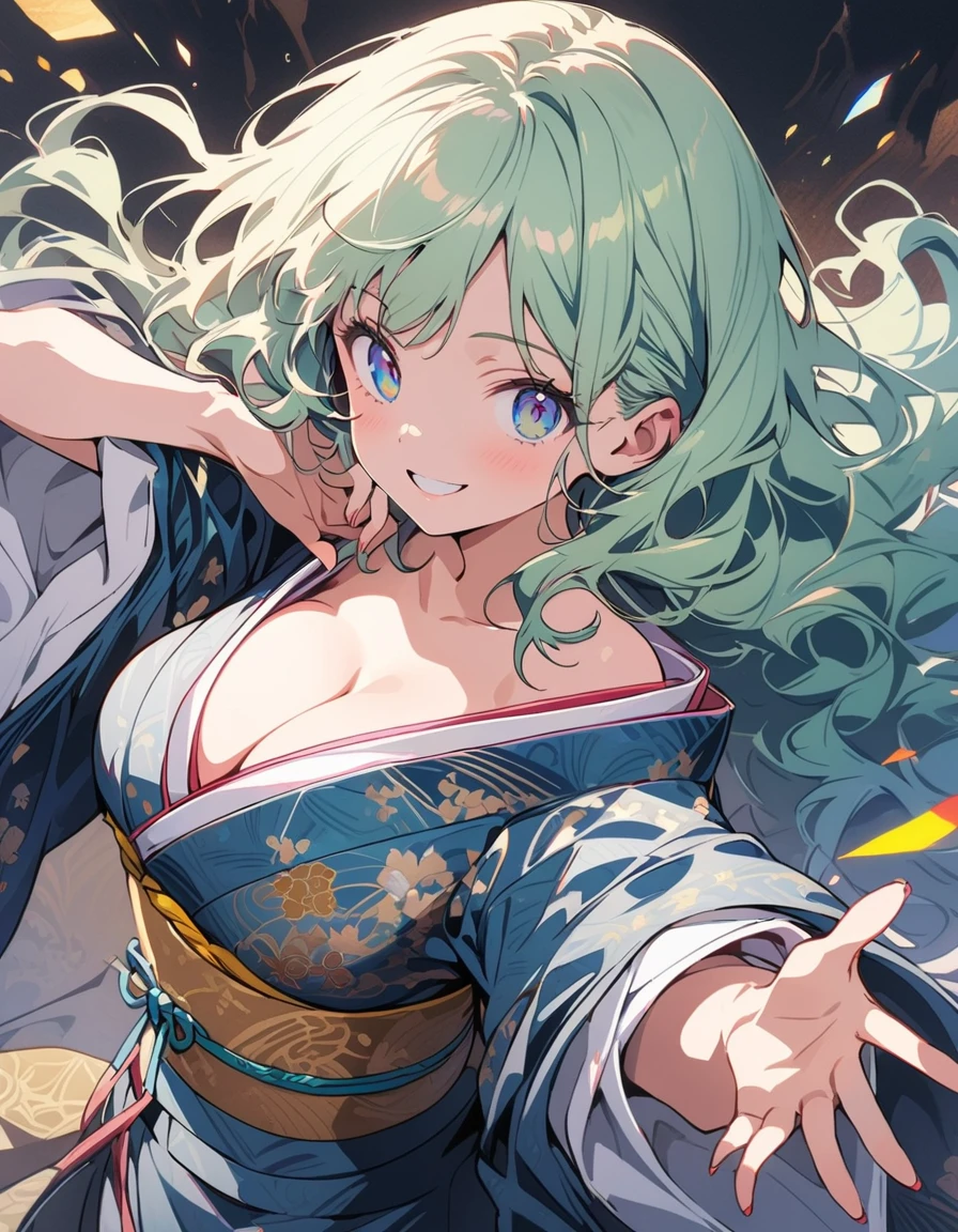(beautiful woman, wavy hair, Light green hair), smiling lightly, big breasts, cleavage, (kimono:1.4, antique pattern, ruffles:1.2), (antique design), short boots,Full Body、 antique background, simple background, (top quality, masterpiece, high resolution,detailed),animated style,flat style,(eyes shining iridescent colors illuminated light,detailed beautiful face), BREAK,extremely detailed,high saturation,floating,dynamic angles,animated