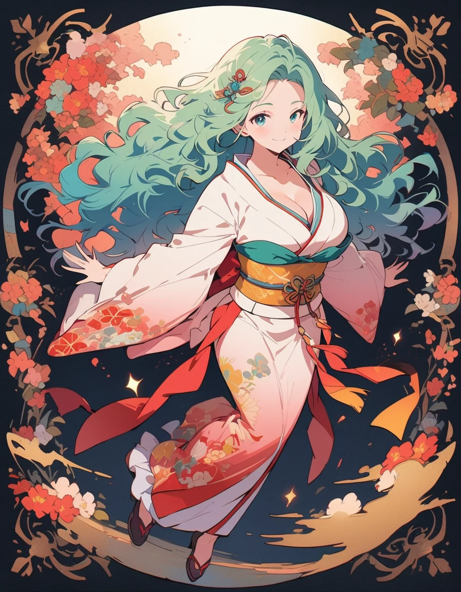 (beautiful woman, wavy hair, Light green hair), smiling lightly, big breasts, cleavage, (kimono:1.4, antique pattern, ruffles:1.2), (antique design), short boots,Full Body、 antique background, simple background, (top quality, masterpiece, high resolution,detailed),animated style,flat style,(eyes shining iridescent colors illuminated light,detailed beautiful face), BREAK,extremely detailed,high saturation,floating,dynamic angles,animated